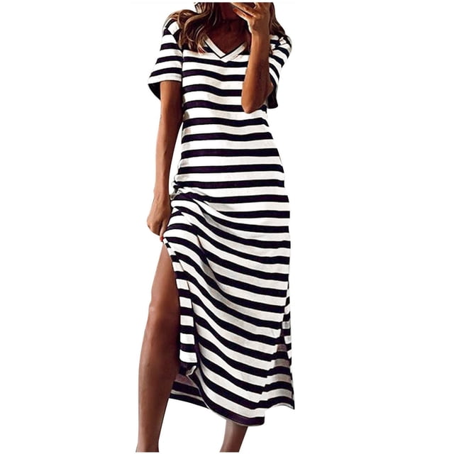 Tumotour Robe d'Été pour Femmes Robe Imprimée à Fleurs Robe à Manches Courtes Robe de Plage Décontractée Col Rond Longue Robe T-Shirt Voyage Vacances avec Poches