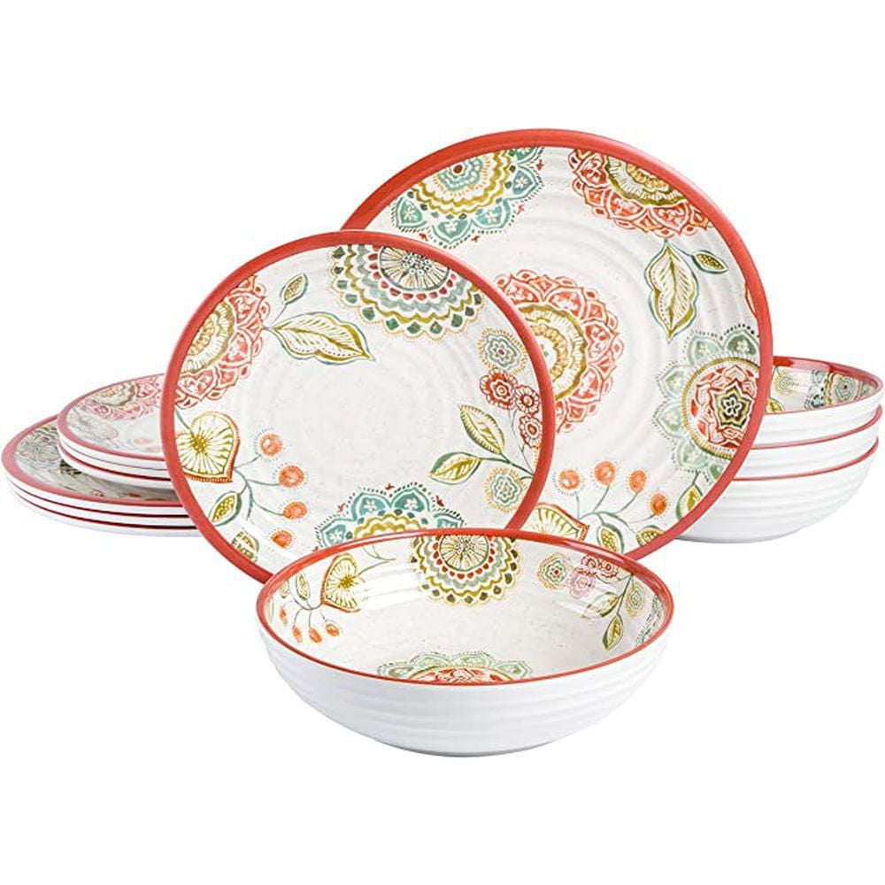 Laurie Gates Brick Floral 12 Piece Melamine Dinnerware Set, White