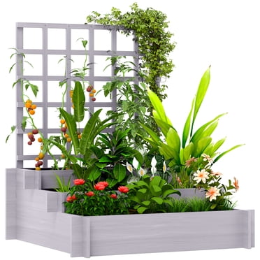 Outsunny Jardinière Surélevée à 3 Niveaux avec Treillis pour Plantes Grimpantes Gris