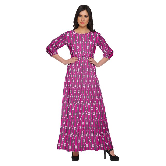 Moomaya Printed Round Neck 3/4 Sleeve Long Maxi Dress With Drawstring Waist