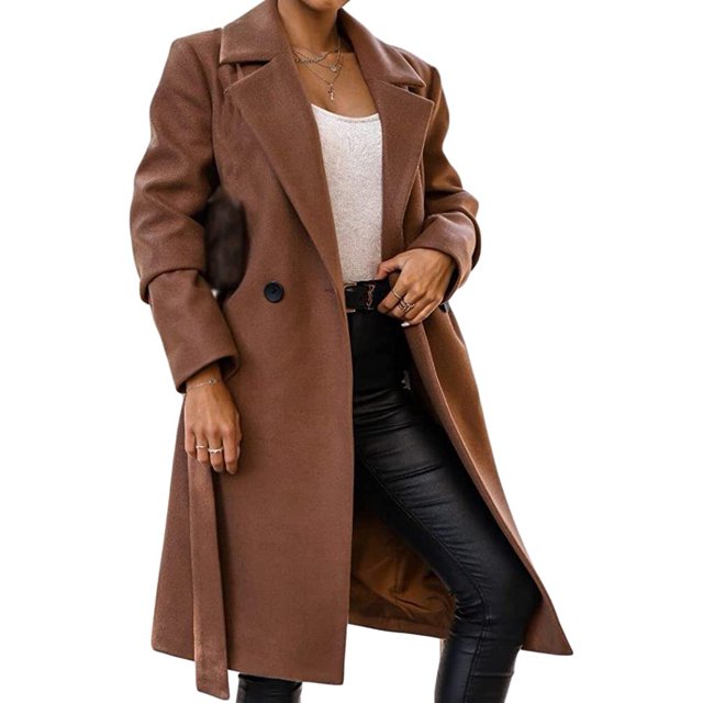 LinYooLi Women's Notch Lapel Wrap Coat Winter Casual Wool Blend Overcoat Mid-Length Coat with Blet