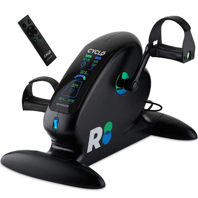 REATHLETE CYCLO Compact Pédalier Électrique sous le Bureau avec Télécommande, Conçu pour la Mise en Forme et la Réadaptation. Comprend un Cadre Noir avec un Affichage Numérique pour la Vitesse et les Réglages de Résistance, des Pédales Antidérapantes avec des Sangles Ajustables, et une Taille Compacte Idéale pour une Utilisation sous le Bureau Ou sur la Table. Comprend une Télécommande pour une Utilisation Facile, Convient aux Entraînements cardio et Musculaires.