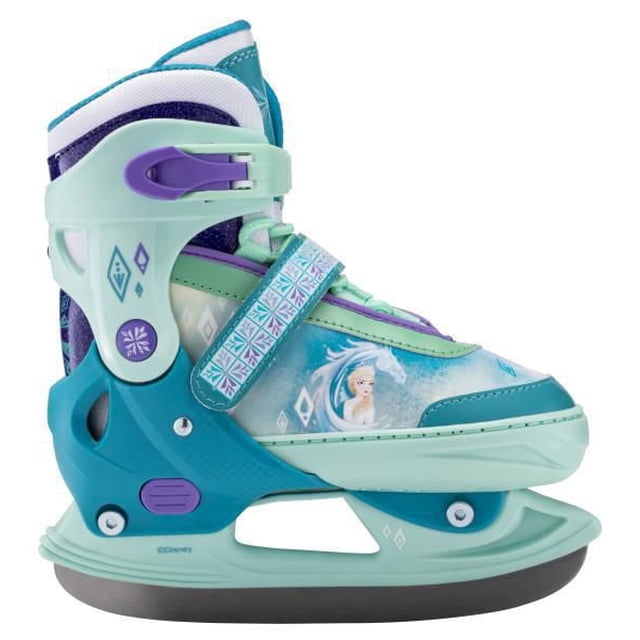 La Reine des Neiges de Disney Patins Commutateurs Réglables, Petits (Y12 - 2), Vue Latérale de Patins Vert Sarcelle et Vert Menthe avec accents Violets Mettant en Vedette Elsa et un Graphique de Cheval Blanc. Ces Patins Récréatifs 2-en-1 Se Convertissent des Roues en Ligne avec 5 Roulements ABEC en Patins à Glace avec une Lame en Acier, Incluent des Sangles Ajustables et un Doublure Confortable.
