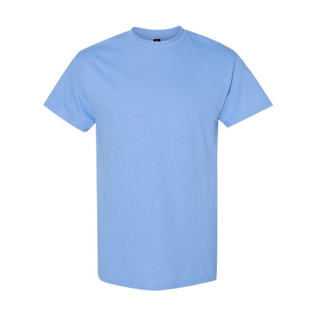 Gildan Mens Heavy Cotton T-Shirt in a plain light blue design, featuring a crew neck with ribbed and taped detailing, short sleeves, and a regular length tubular fit. Made from 100% heavyweight cotton with twin needle stitching on the hem and sleeves for durability. Certified by Oeko-Tex Standard 100, REACH, and Fair Labor Association for sustainability.
