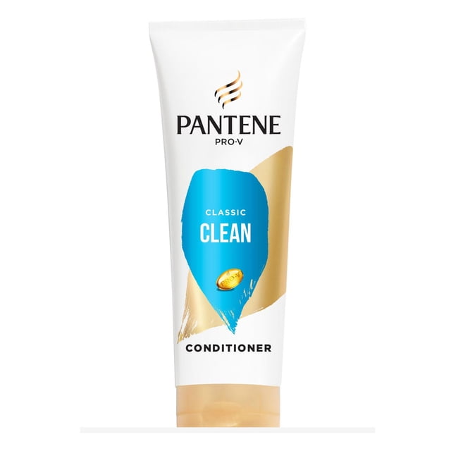Pantene Classic Clean 72 HR NOURISHMENT Conditioner in a white tube with gold flip cap, featuring blue and gold brushstroke design and Pantene Pro-V logo, formulated to hydrate, strengthen, and protect hair with pro-vitamin B5 and antioxidants.