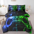 thumbnail image 1 of 7Pcs Kids Gamer Comforter Set King, Gaming Bedding Comforter Set, Video Games Gamepad Bed In A Bag Neon Glowing Square Geometric Grid Blue Green Bed Sets With Comforter And Sheets, 1 of 5