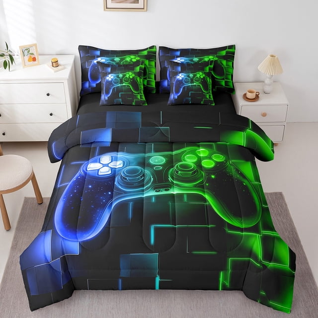 7Pcs Kids Gamer Comforter Set King, Gaming Bedding Comforter Set, Video Games Gamepad Bed In A Bag Neon Glowing Square Geometric Grid Blue Green Bed Sets With Comforter And Sheets