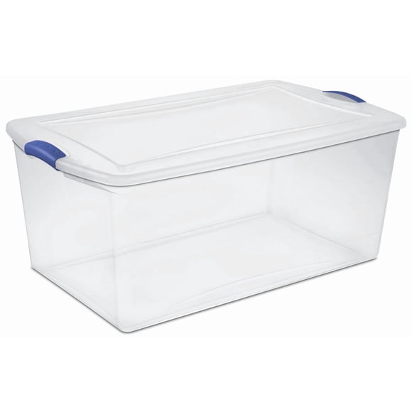 Sterilite 99 Liter Latch Box, Clear Plastic Storage Bin with Lid, Blue Latch