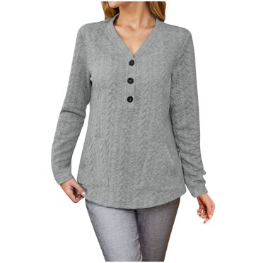 fheaev Long Sleeve Henley Shirts for Women Pullover Top Fashionable Women'S Solid Color Long Sleeved V-Neck Button Pocket Knitted Top