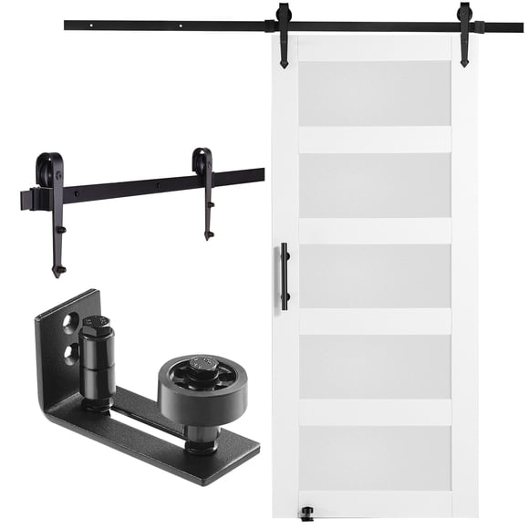 KFFKFF Sliding Barn Door with Hardware, Dimensions 36" x 84", Combination of Wood and Glass, Operates Silently, Comes with 8-in-1 Floor Guide and Door Handle, Made of Spruce Wood and Frosted Glass