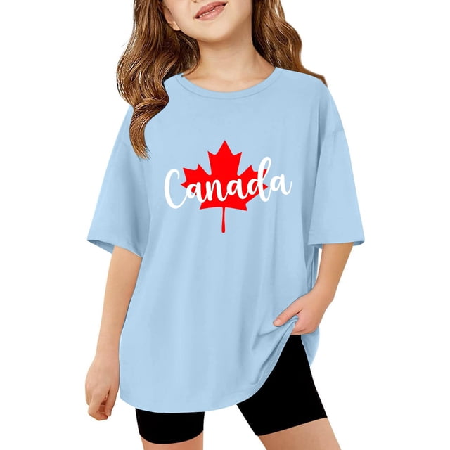 T-shirt Canada Filles Drapeau Canadien Col Rond Manches Courtes Tee Filles Fête Nationale Graphique Imprimé Coupe Ample Fête Nationale Canadienne Drapeau Imprimé Haut Manches Courtes