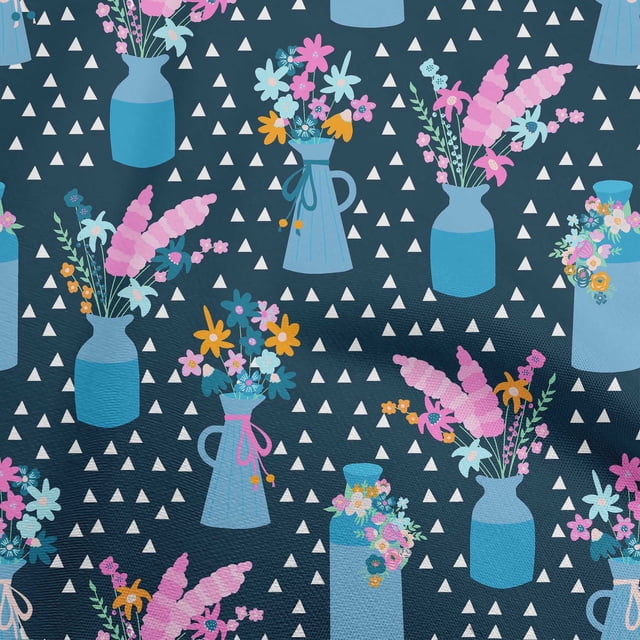 oneOone Polyester Spandex Blue Fabric Floral Vase With Geometrical Sewing Craft Projects Fabric Prints By Yard 56 Inch Wide