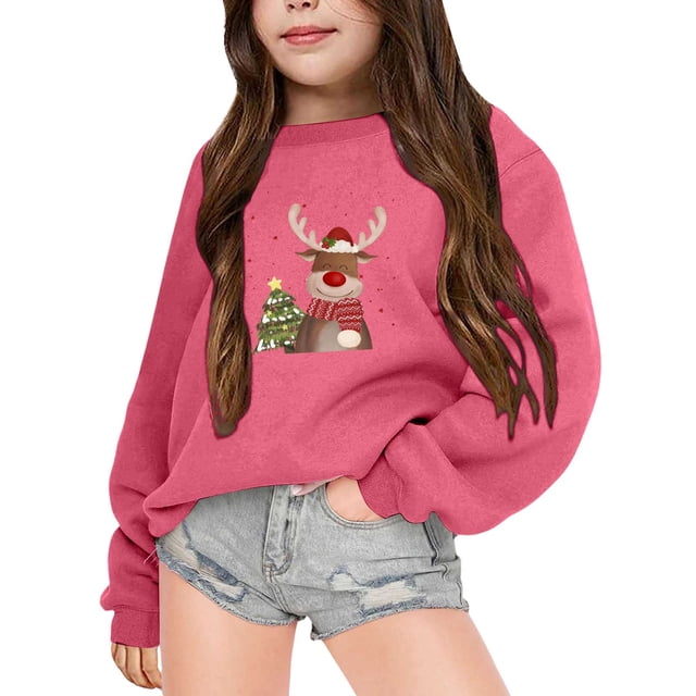 MIASHUI Sweatshirts de Noël pour Enfants Col Rond Imprimé Pull Chaud pour Enfants, Rose Vif, 5-6 Ans