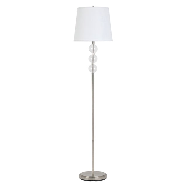 hometrends Floor Lamp with a brushed nickel steel base featuring three clear glass orbs stacked vertically, topped with a white linen fabric shade and a turn-knob on/off switch, standing 62 inches tall, ideal for adding light to bedrooms, living rooms, or offices