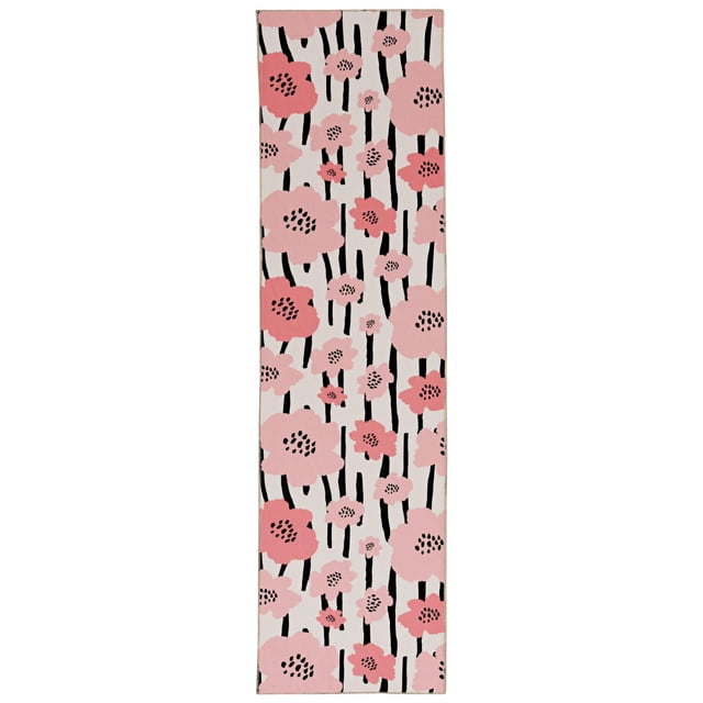 Laurel 2' x 8' washable runner rug in ivory and pink featuring a large-scale floral pattern with pink and coral flowers and black vertical stems on an ivory background, made of stain-resistant polyester with nonslip backing, ideal for high-traffic areas and machine washable for easy maintenance.