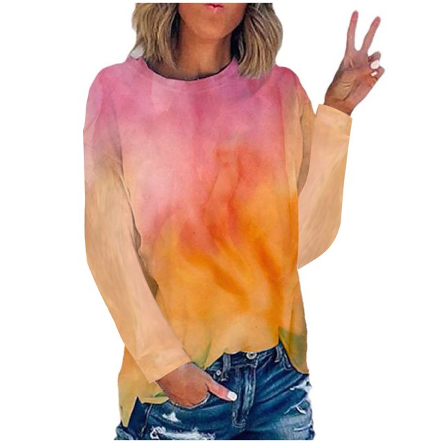 RKSTN Chemises à Manches Longues pour Femmes Mode Chandail à Col Rond Imprimé Teinture sur Nœuds Décontracté Sortie Blouses Amples Hauts