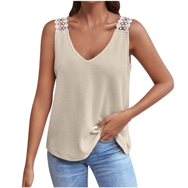 Birdeem Mode Femmes Décontracté Col en V Sans Manches Dentelle T-Shirt Uni Blouse