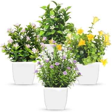 Semfri 4Pcs Small Plastic Plants Fake Plants With White Flower Pot Artificial Lilac Green Plants Mini Simulation Potted Plants With For Indoor Home Office Bathroom Farmhouse Decoration