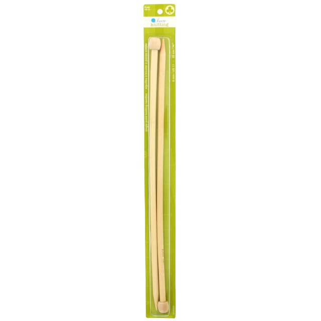 Love Knitting 14" bamboo single point knitting needles in size 8 mm US 11, two light natural wood needles with smooth finish on green packaging, ideal for comfortable knitting with various yarns and patterns.