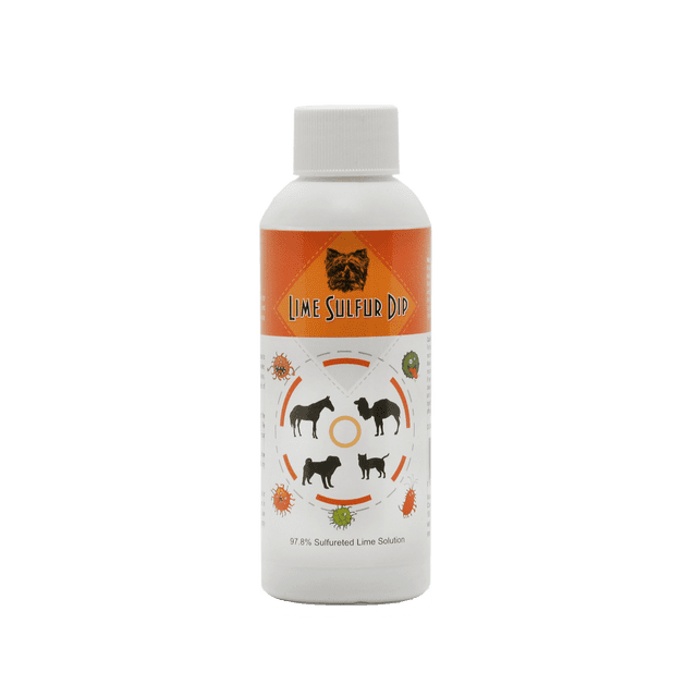 Healthy Paw Life Lime Sulfur Dip in a white bottle with an orange label featuring pet and parasite illustrations. Effective for itch relief, treating mange, ringworm, lice, and non-specific dermatoses in pets. Contains calcium and sulfur for safe pet care.