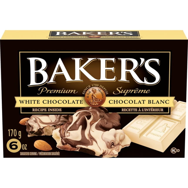 Baker's 100% Pure Premium White Chocolate Baking Bar 170g (6 oz) in black and cream packaging featuring the Baker's logo and gold medallion, displaying white chocolate squares and swirled white and dark chocolate bark, suitable for baking and dessert decoration.