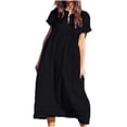 thumbnail image 2 of Meichang Robes Maxi d'Été pour Femmes Grande Taille en Coton et Lin Unies Robe Trapèze à Manches Courtes Col en V Fendu Ample Décontractée Tunique Robe de Plage pour Vacances, 2 of 6