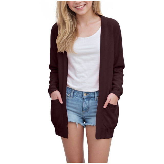 Girls Loose Pocket Knitted Cardigan Sweater Solid Color Casual Jacket