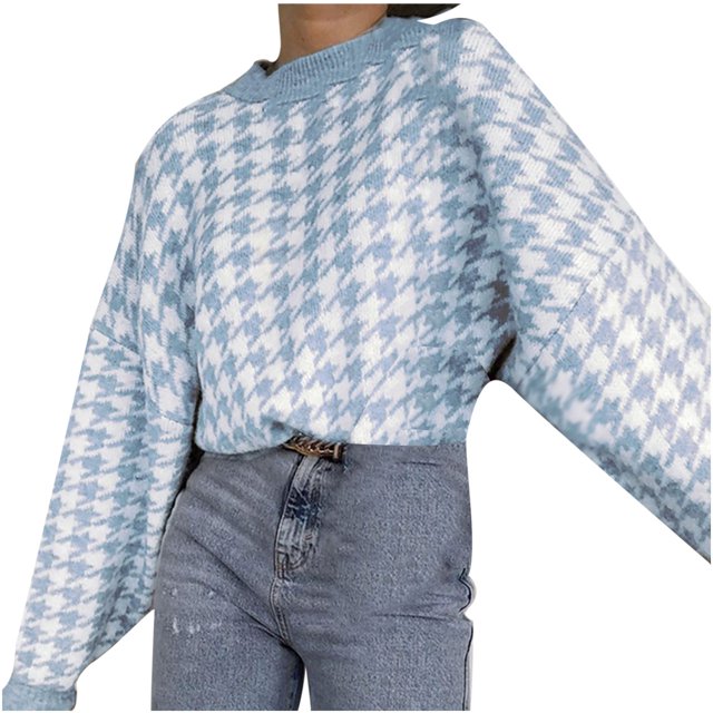 IROINID Women's Round Neckline Pullover Sweater Plaid Loose Mid-Length Long Sleeve Geometric Knit Retro Sweater