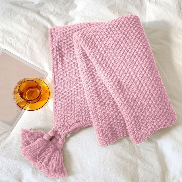 Cozy Fringe Knit Blanket 100x70cm, Soft Acrylic Sofa Office Nap Throw, Portable Lightweight Blanket for Home Travel Gift with Durable Easy-Care Fabric, Pink