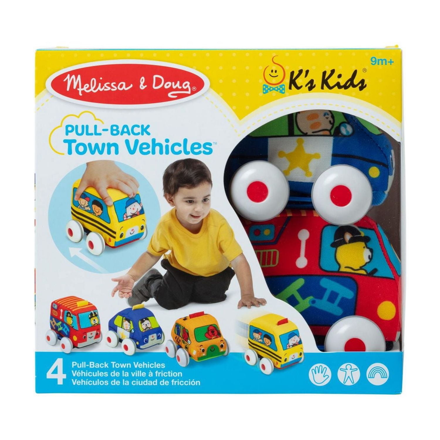 Melissa & Doug K’s Kids Pull-Back Vehicle Set - Ensemble de jouets doux pour bébé avec 4 voitures et camions et étui de transport