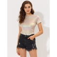 thumbnail image 3 of INSPIRE CHIC Women's Party Metallic Textured Short Sleeve Shiny Multicolor Top Beige M, 3 of 5