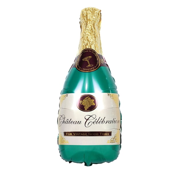 32" Multicolor Air-Filled / Helium-Filled Wine Bottle Foil Balloon by Way To Celebrate, shaped like a green wine bottle with a gold foil top and a white label reading 'Château Célébration' and 'For Vintage Good Times', ideal for birthday party decoration, photo accents, and surprise balloon bouquets.