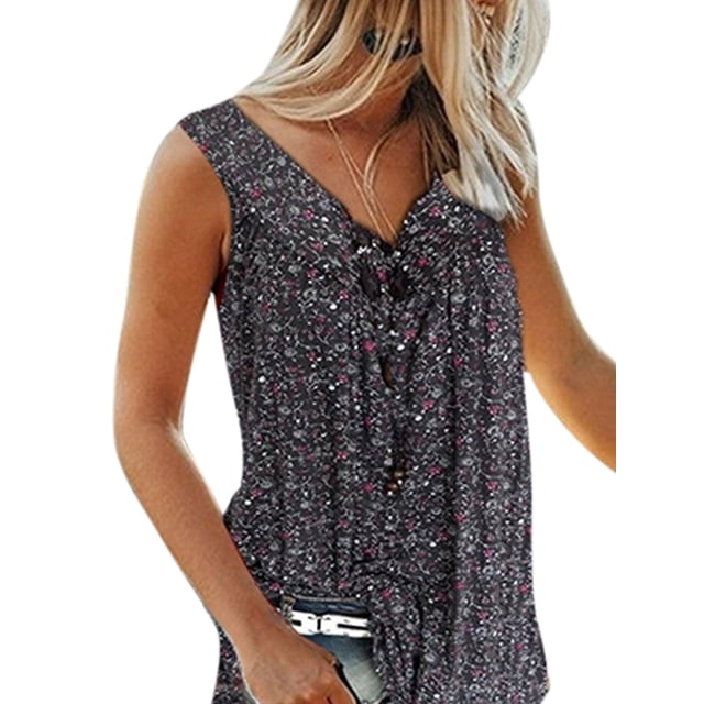 Innerwin Haut d'Été Col en V Débardeurs pour Femmes Imprimé Floral Boho T-Shirts Noir 5TG