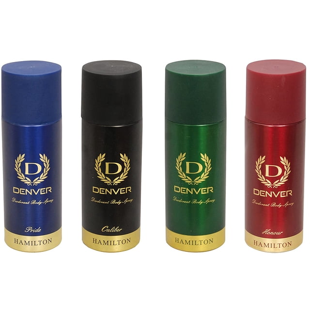 Denver Caliber, Hamilton, Honor & Pride Deo Lot de 4, un Ensemble de Vaporisateurs Antisudorifiques et Déodorants pour Femmes en Bouteilles Noires, Bleues, Vertes et Rouges. Chacun d'Entre-Doigts Présente des accents Dorés et le logo Denver, Idéal pour le Soin Personnel et la Fraîcheur.