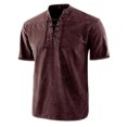 thumbnail image 1 of LUXUR Chemises pour Hommes Col Montant T-Shirt Manches Courtes Hauts Blouse Rétro Lacée Tee Rouge Vin TG, 1 of 2