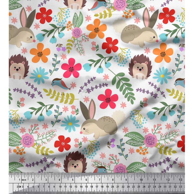 Soimoi Tissu Satin Modal Floral, Tissu à Imprimé Dessin Animé Rabbit & Porcupine au Mètre, 42 Pouces de Large