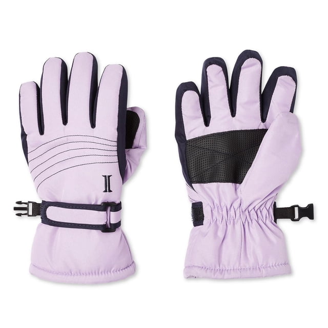 Igloos Gants de Ski pour Filles en Violet Pâle avec accents Noirs, Montrant des Vues avant et Arrière. Fabriqués en polyester Imperméable et Isolant Thinsulate 3 m, avec Poignets Élastiqués, Fermetures à Brides Autoagrippantes, Poignées de Paume, Surpiqûres Contrastantes et un Connecteur de Paire, Idéals pour la Chaleur et un Ajustement Sécuritaire Lors des Activités Extérieures Enneigées.