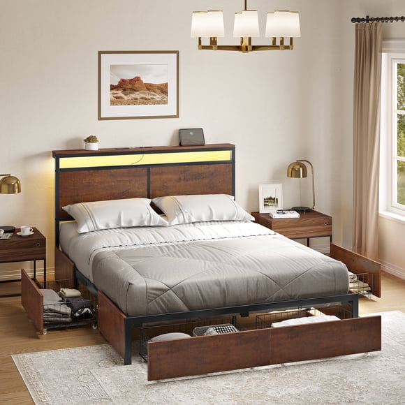 GUNAITO Full Size Bed Frame with Headboard and 4 Storage Drawers LED Bed Frame with USB Ports & Outlets Rustic Brown
