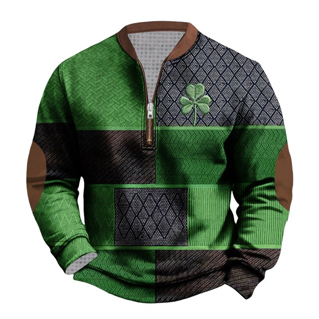Penkiiy St Patricks Day Shamrock Patch Chest Print 1/4 Zip Sweatshirt S Green