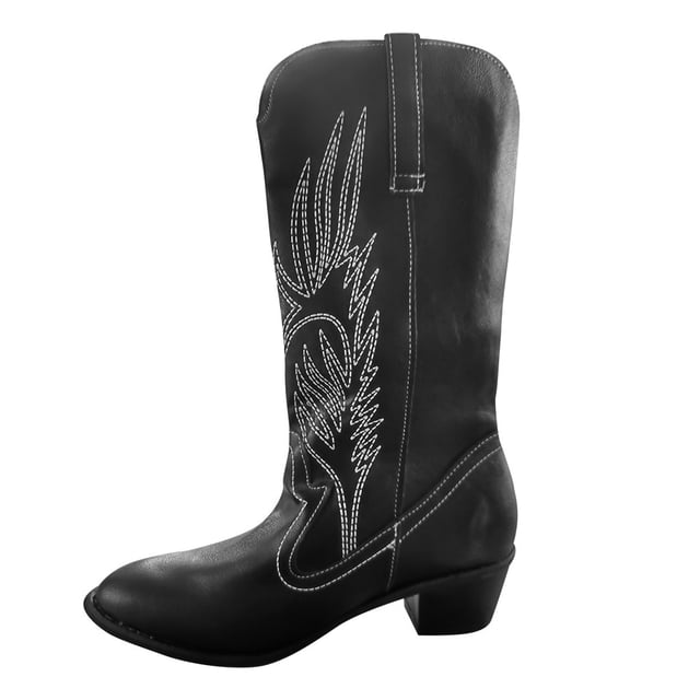 Kcodviy Bottes Mi-Hautes d'Hiver à Enfiler pour Femmes, Bottes Mi-Hautes pour Dames d'Extérieur à Fleurs, Chaussures à Talons Carrés Mi-Hautes pour Femmes, Mi-Hautes pour Femmes, Mi-Hautes pour Femmes