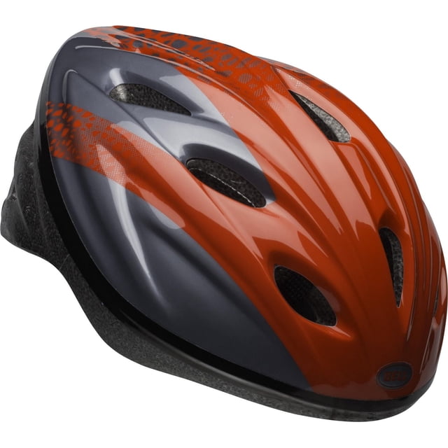 Bell Sports Cruiser™ Child Bike Helmet in a 3/4 front view with a glossy orange and dark gray shell, thirteen ventilation holes, and black foam interior, designed as unisex kids' protective bike gear meeting CPSC safety standards.