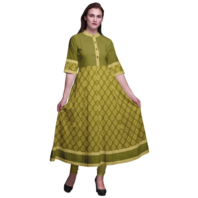 Bimba Kurtis Indiennes à Pois Verts et à Blocs Floraux pour Femmes, Kurti Anarkali Imprimée en Ligne A, Robe Ethnique Décontractée - Grand