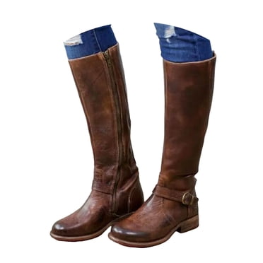 Dakaela Women's Knee High Boots Low Chunky Motorcycle Riding Boot Leather Buckle Winter Work Boots