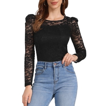 INSPIRE CHIC Women's Halloween Tops Puff Long Sleeve Semi Sheer Floral Lace Blouses M Black Silver