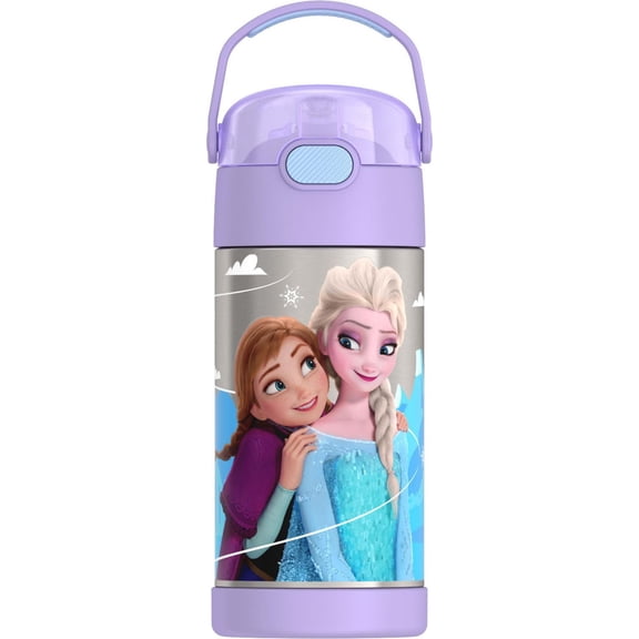Thermos Kids Bouteille d'eau isolée sous vide avec paille rabattable, 355 ml, La Reine des Neiges