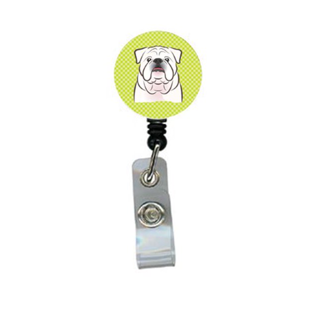 Enrouleur d'Insigne Rétractable English Bulldog Vert Lime Blanc à Damier