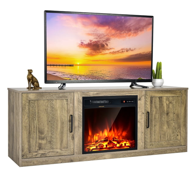 Costway Meuble Télé avec Foyer de 58 Pouces Console de Divertissement avec Foyer Électrique de 18 Pouces Naturel