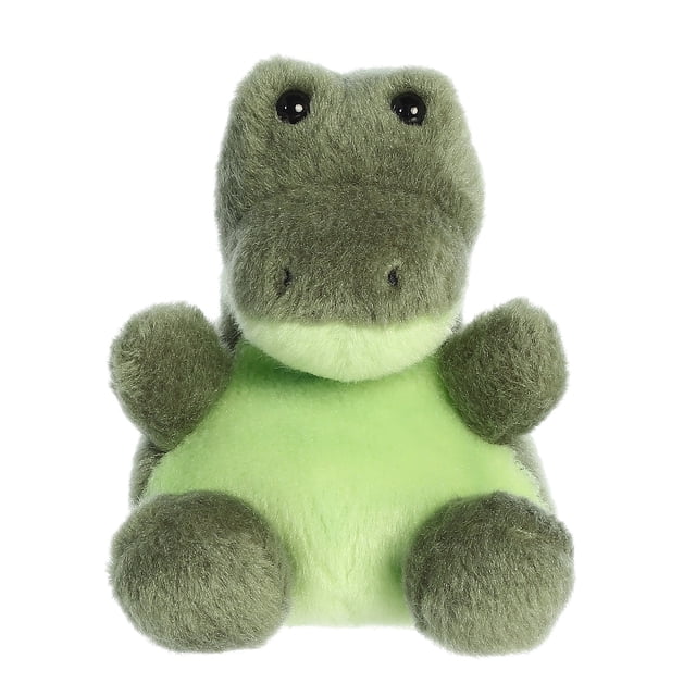Aurora Palm Pals - Scales Alligator 5-inch plush toy featuring a soft, fluffy green body with darker green accents. This compact stuffed animal is made from high-quality materials and filled with bean pellets for added stability. Suitable for all ages, it is designed for cuddling and imaginative play.