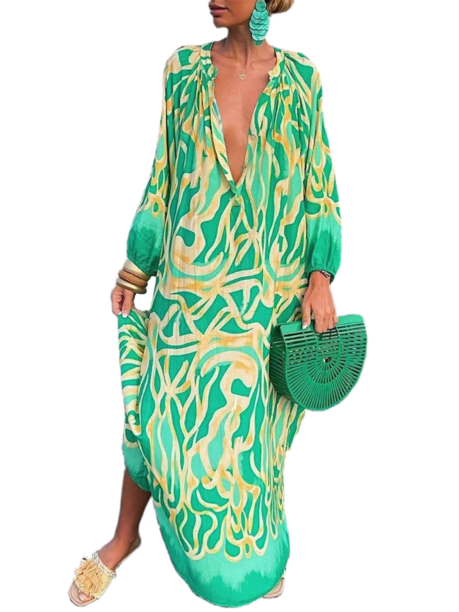 Innerwin Dress Button Down Women Maxi Dresses Autumn Long Sleeve Loose Green XXL