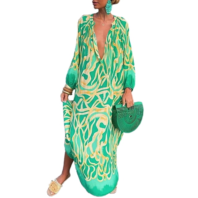 Innerwin Dress Button Down Women Maxi Dresses Autumn Long Sleeve Loose Green M